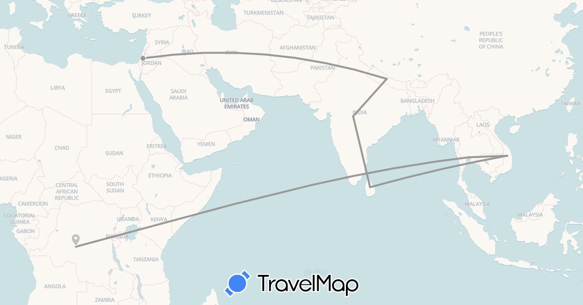 TravelMap itinerary: driving, plane in Democratic Republic of the Congo, India, Sri Lanka, Nepal, Palestinian Territories, Thailand, Vietnam (Africa, Asia)